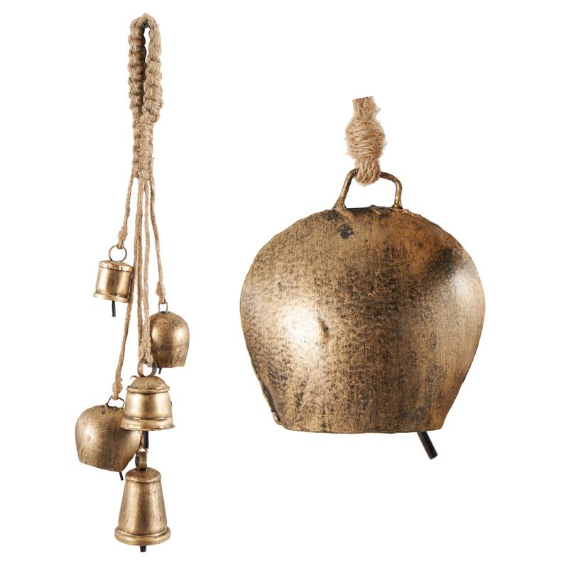 Gold, White or Black Metal Tibetan Inspired Cascading Indoor Outdoor Decorative Cow Bells with 5 Bells on Jute Hanging Rope