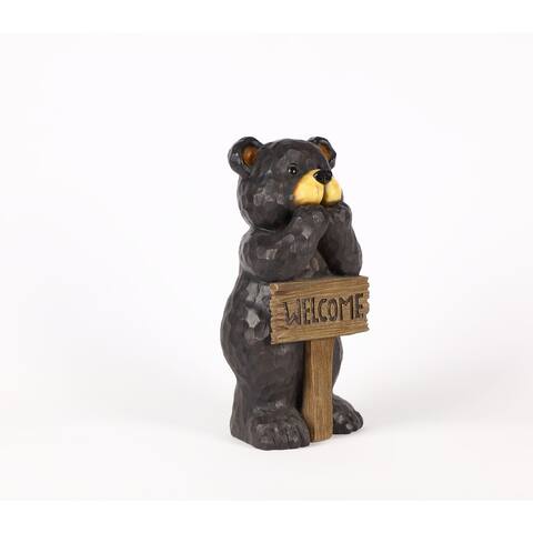 17.25" Black and Brown Bear Leaning on "WELCOME" Sign Garden Statue