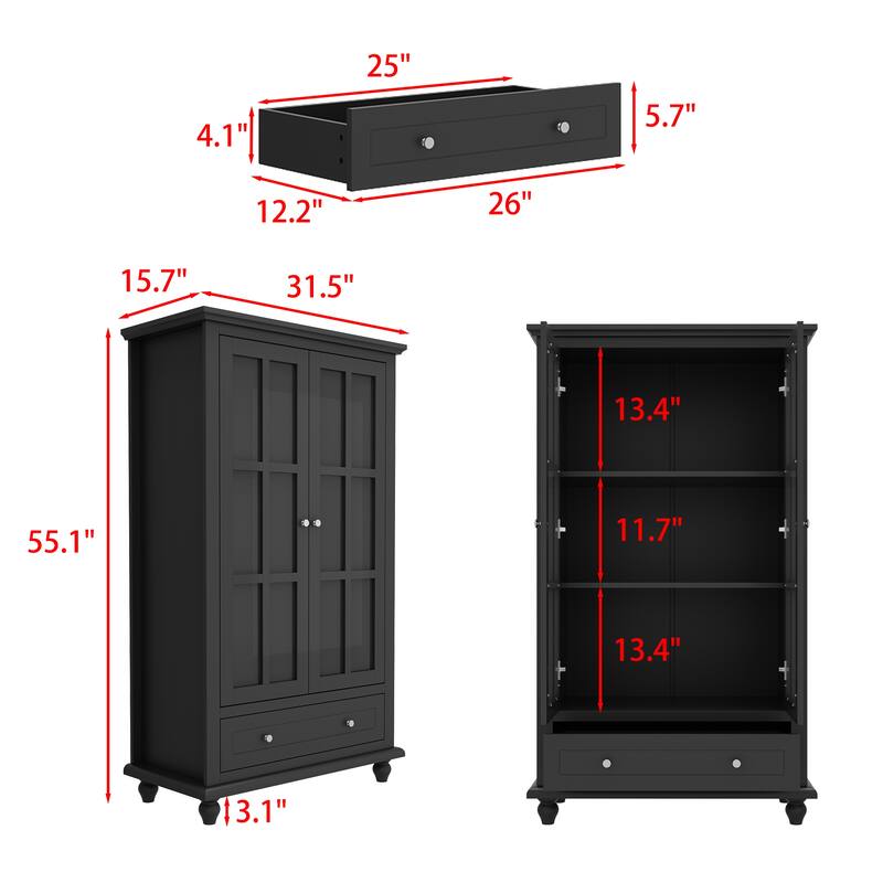 55.1''H Buffet Lacquer Sideboard Storage Cabinet Glass Doors Bookcase