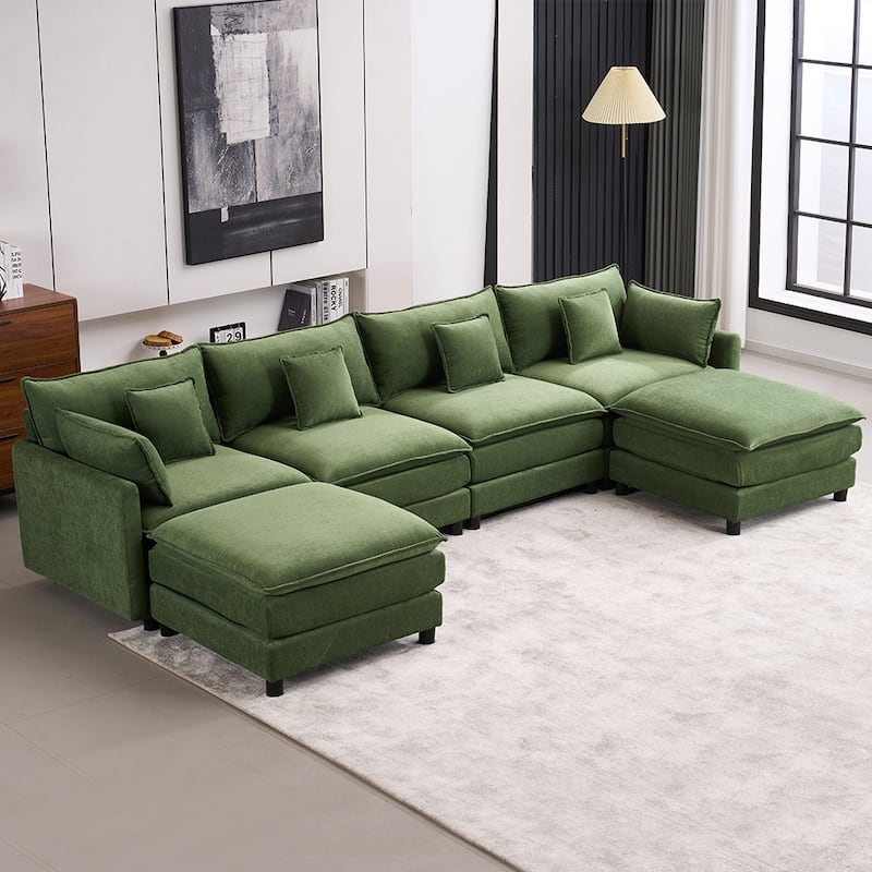131.89" Chenille U-Shaped Sectional Sofa Bed with Sleeper & Iron Frame Support