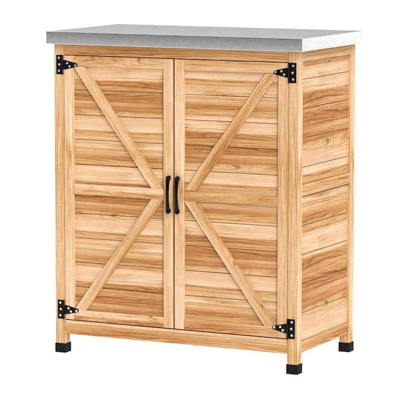 Fir Wood Garden Storage Bench with Galvanized Worktable - 31.1" W x 16.9" D x 36.2" H - Natural Wood
