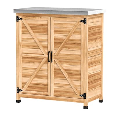 Fir Wood Garden Storage Bench with Galvanized Worktable - 31.1" W x 16.9" D x 36.2" H