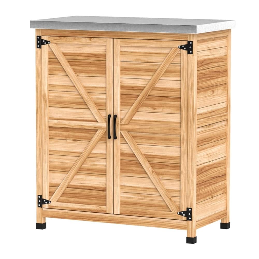 Fir Wood Garden Storage Bench with Galvanized Worktable - 31.1" W x 16.9" D x 36.2" H