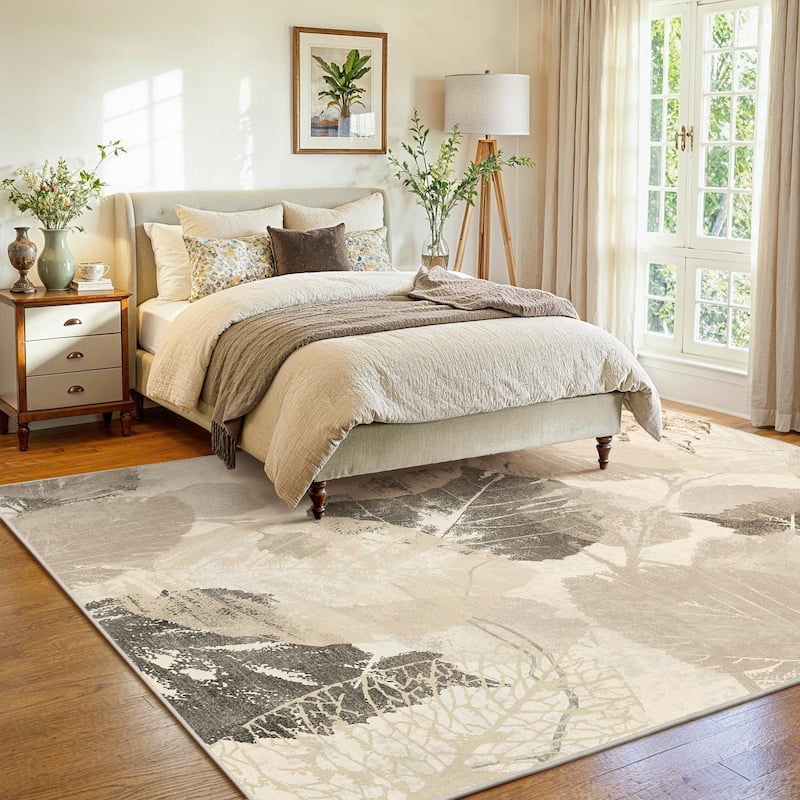 Mcow Leaf Collection Botanical Print Low-Pile Washable Area Rug