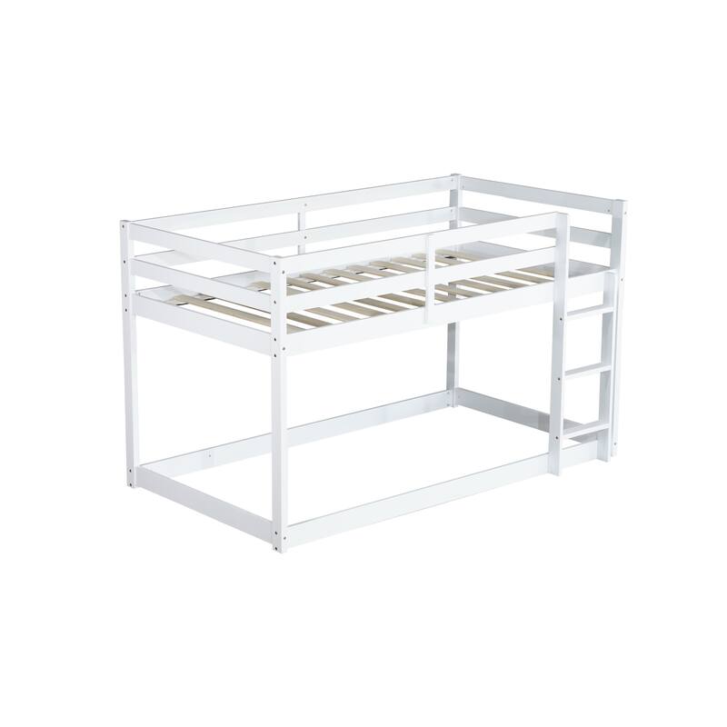 Twin over Twin Solid Rubber Wood Bunk Bed with Ladder and Strengthened Slats, White