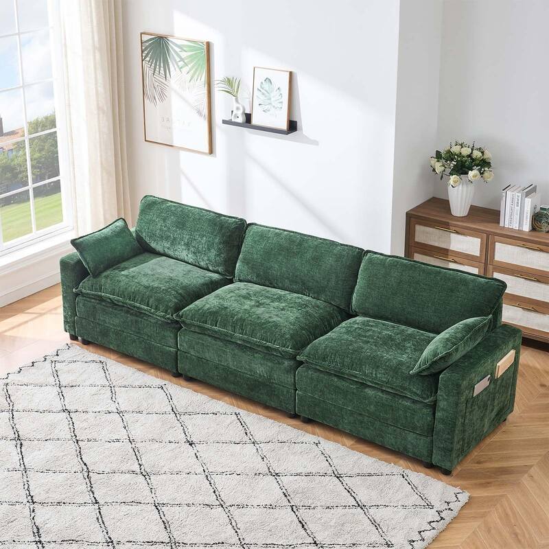 Chenille 113-Inch Modular Combo Sofa, Modern 3-Seater L-Shaped Sofa with Ottoman, 2 Cushions, Side Pockets