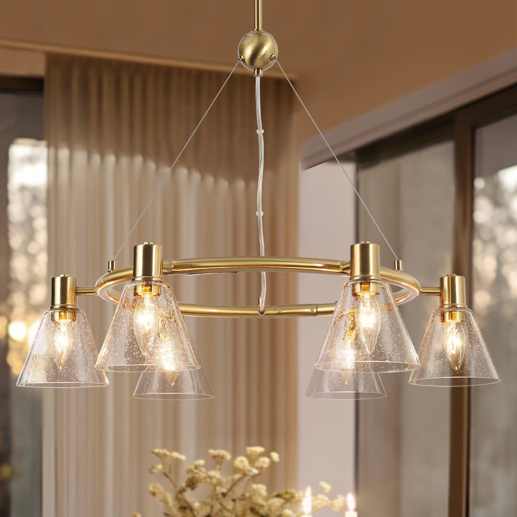 Veyra Modern 6-Light Gold Wagon Wheel Seeded Glass Chandelier - Brushed Electroplated Copper - Dia.27"xH21"