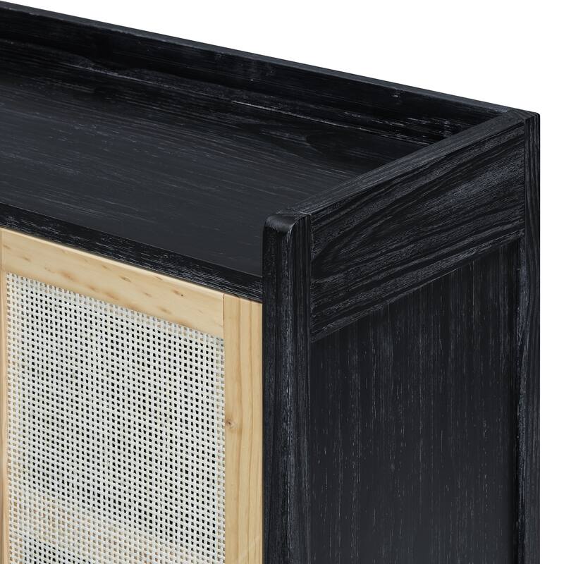 4 Doors Rattan Accent Storage Cabinet Buffet Cabinet, Solid Pine Legs