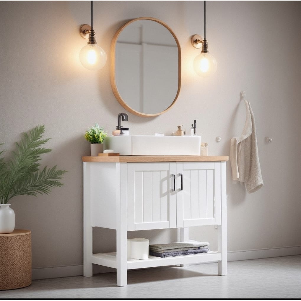32" White Bathroom Vanity with Sink, Solid Wood Cabinet and Open Shelf