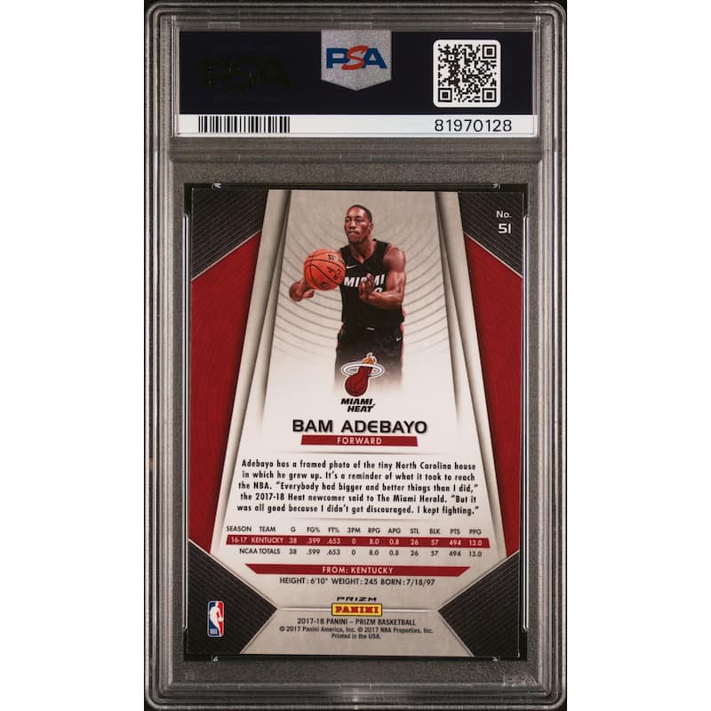Bam Adebayo 2017 Panini Silver Prizm Signed Rookie Card #51 Auto PSA 10 81970128 - 8'6" x 11'6"
