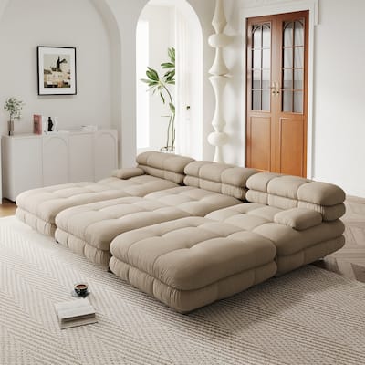 Teddy Velvet Fabric Upholstery Modular Sectional Cofy Sleep Couch 3 Seats with 3 Ottomans