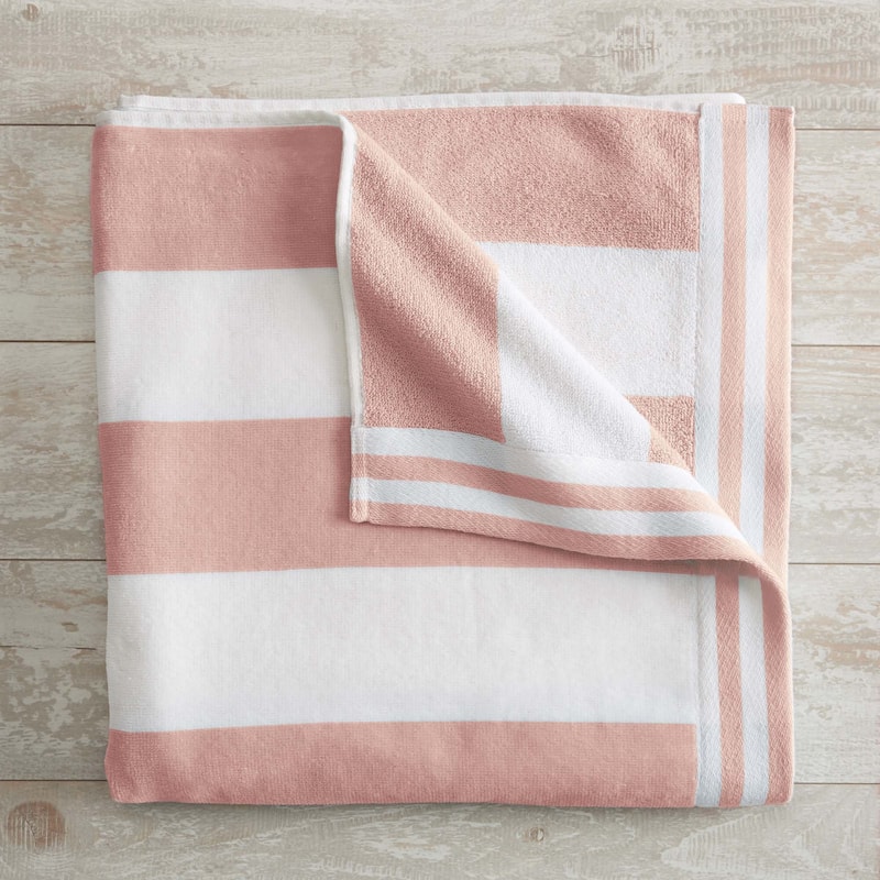 Linery & Co. 100% Cotton Velour Cabana Stripe Beach Towel - Single Oversized- 35" x 70" - Dusty Rose / White