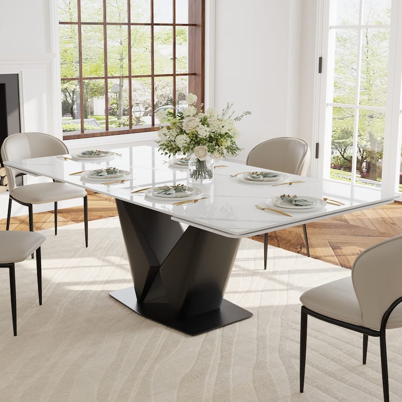 63-95" Modern Extendable Dining Table,White Glossy Sintered Stone Table top, Black Carbon Steel Base for 4-10