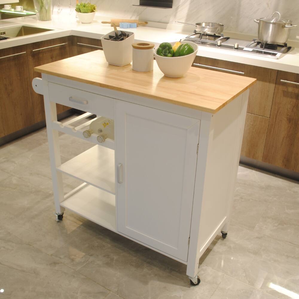 Kitchen Island Cart with Drawers, Cabinets, Wine Racks,Towel Racks, White