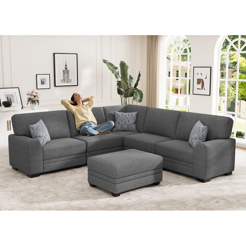 6 Piece Modular Corduroy Sectional With Ottoman