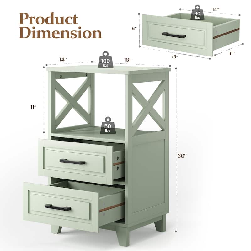 Tall Nightstand with 2 Drawers and Open Shelf Above