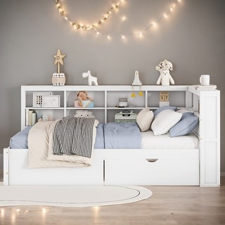 2 Color Wooden Full Size Daybed with 2 Drawers, Kids Bed with Storage Shelf and USB Charging Ports