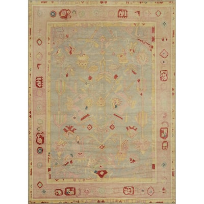 Vegetable Dye Wool Oushak Turkish Area Rug, Floral Geometric Carpet - 12' 6'' X 10' 2''
