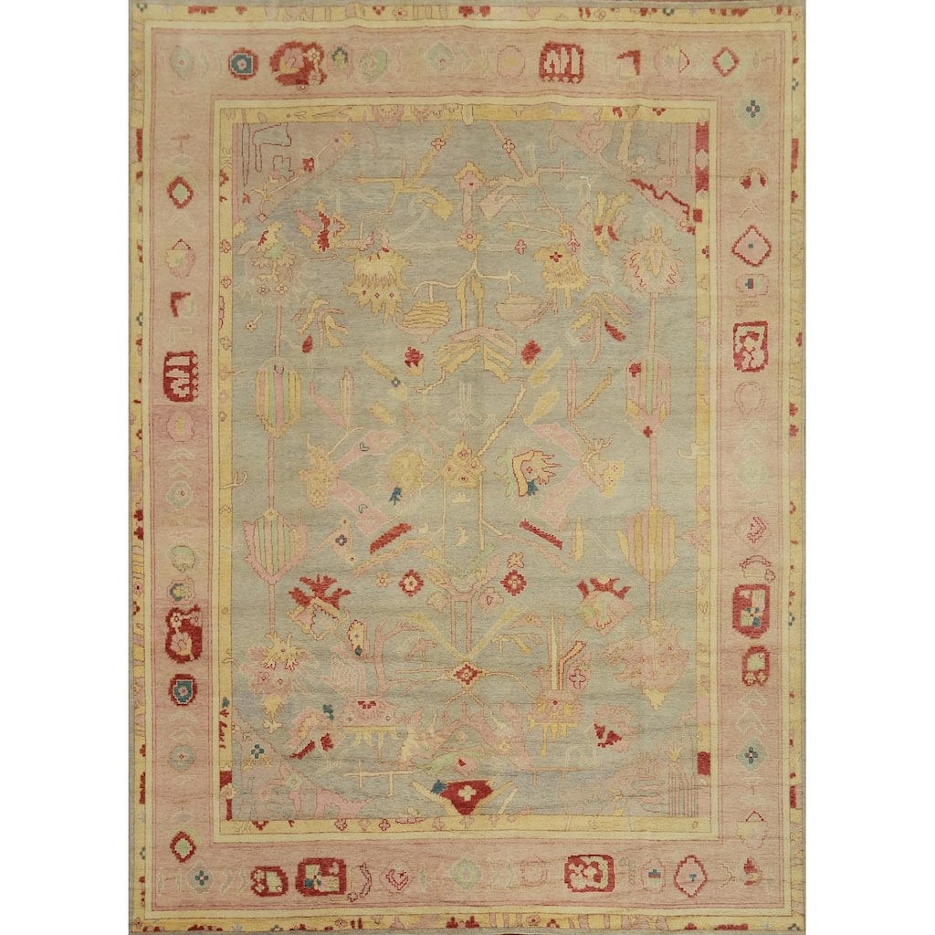 Vegetable Dye Wool Oushak Turkish Area Rug, Floral Geometric Carpet - 12' 6'' X 10' 2''