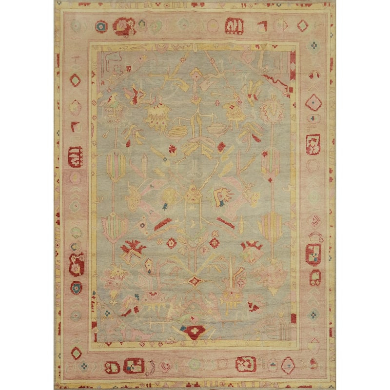 Vegetable Dye Wool Oushak Turkish Area Rug, Floral Geometric Carpet - 12' 6'' X 10' 2''