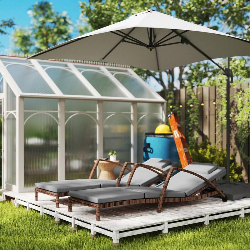 Wicker Chaise Lounge Set, Outdoor Recliners, Adjustable Back, Cushion