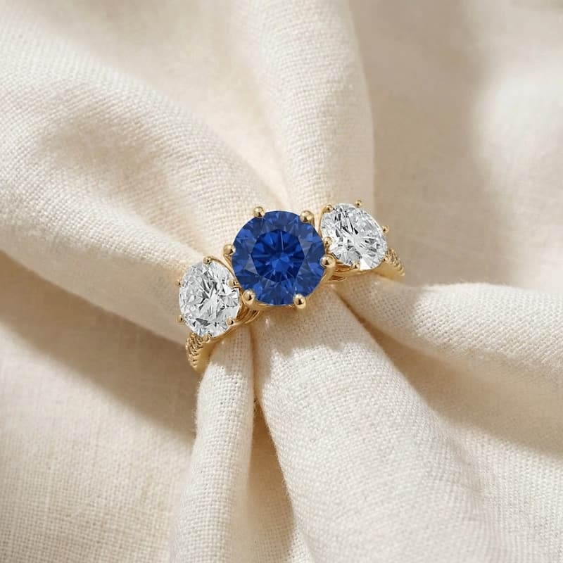 Bliss Diamond Certified 6 3/4Ct Blue Sapphire Diamond Ring Three Stone Gold Lab Grown