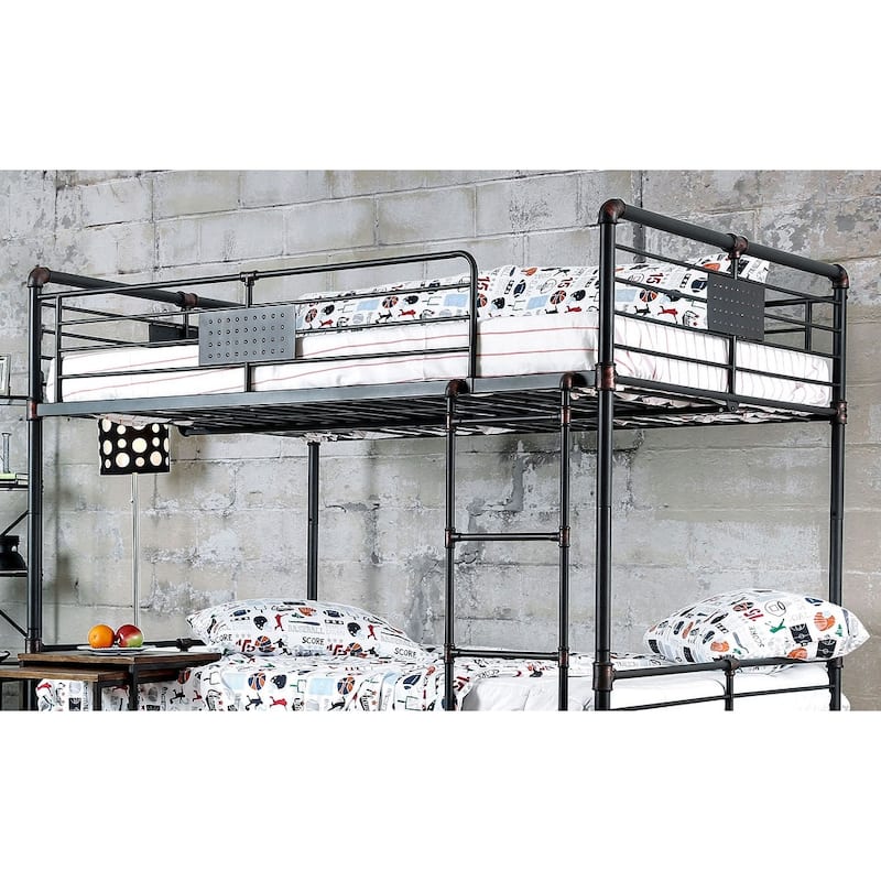 Full Over Full Metal Bunk Bed with Attached Ladder, Antique Black, Industrial Style