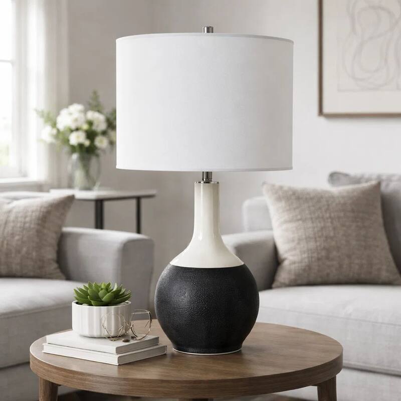 Table Lamp, White Linen Shade, 23 Inch Black and White Ceramic Accent
