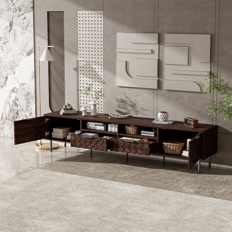 Roomfitters 78 Inch Modern TV Stand for TVs up to 85 Inch, Media Console with Soft-Closing Hinges & Sturdy Iron Legs, Walnut