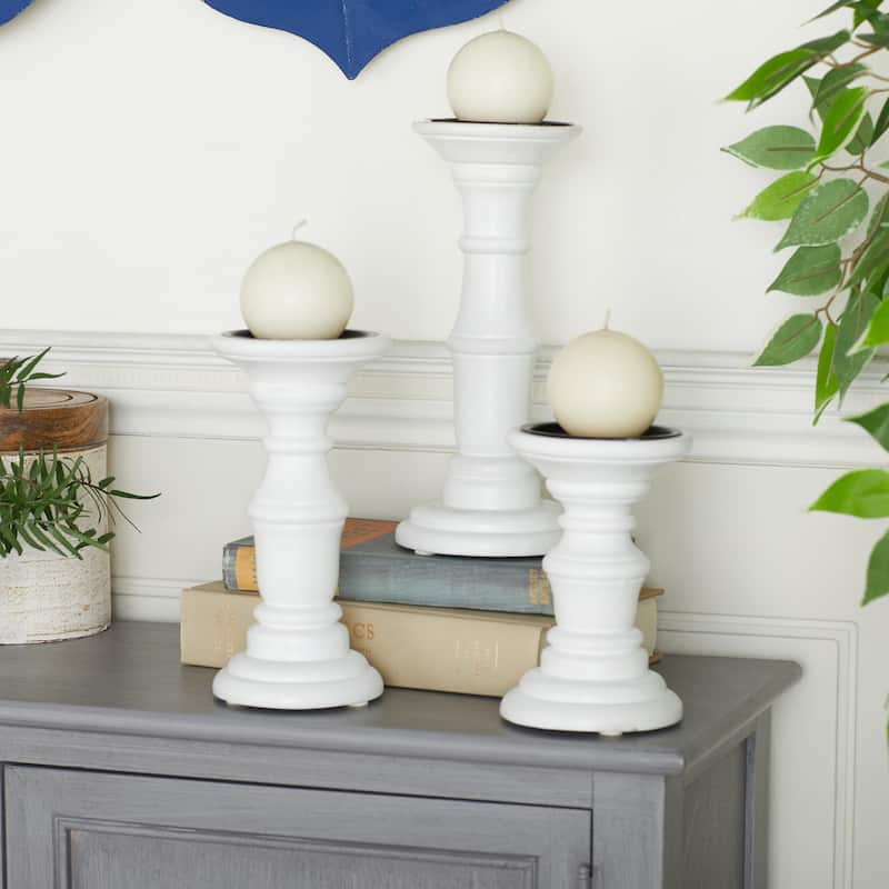 Mango Wood Turned Style Pillar Decorative Candle Holder - Set of 3 White, Black, Gold - Roche River Decor