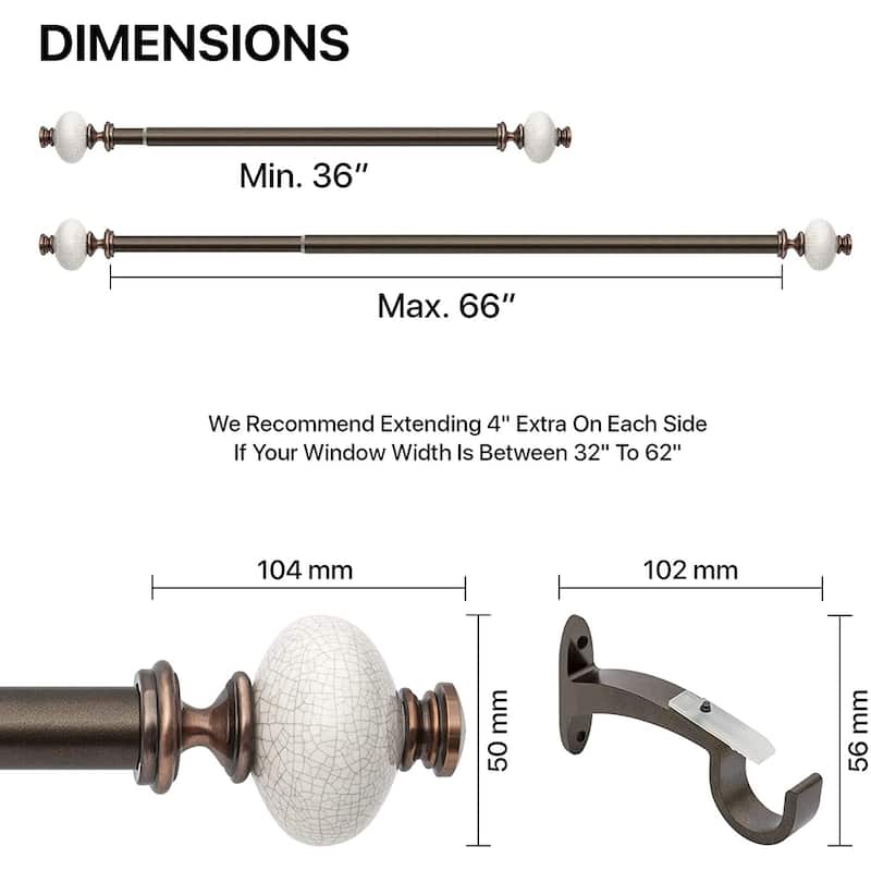 Deco Window 1 Inch Adjustable Brown Curtain Rod for Windows & Doors Curtains with Ceramic Round Finials & Brackets Set