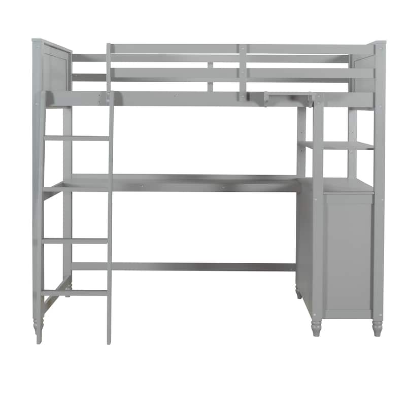 Twin Size Loft Bed Kids Bed Frame Wooden Storage Bed with Desk, Shelves, Pull-out Drawers, Ladder and Guardrail