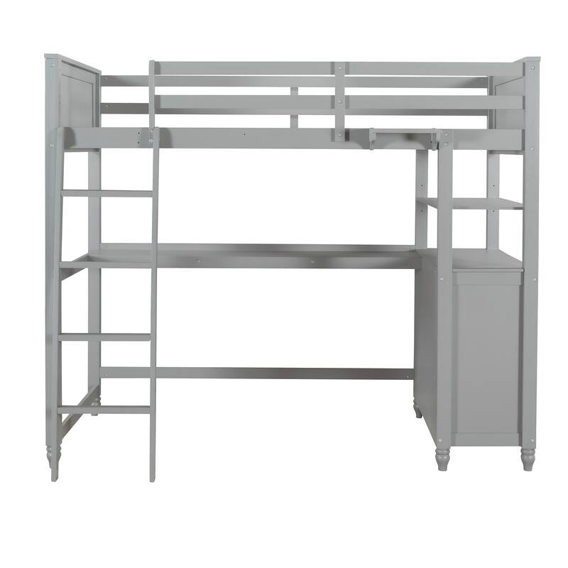 Wood Loft Bed Twin Size, Twin Bed Frame with Built-in Desk and Drawers, Wooden Versatile LoftBed for Kids Teens Adults Bedroom