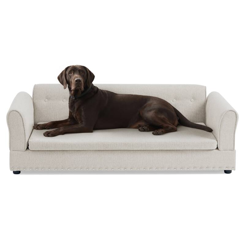 Oversized Pet Sofa, Elegant Modern Linen Fabric Elevated Dog Sofa Bed, Oversized Rectangular Pet Bed with Backrest & Armrest