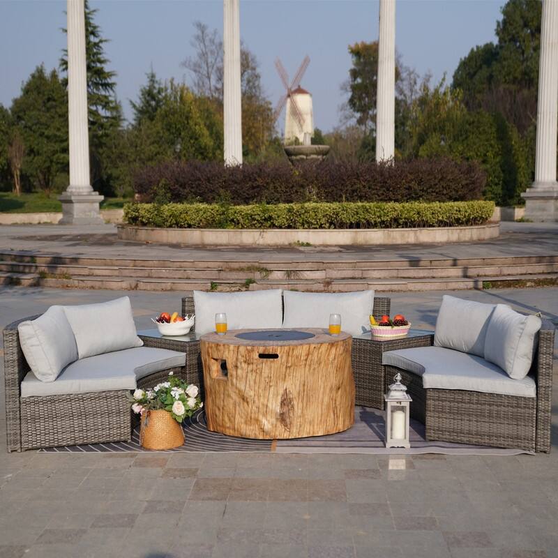 9-piece Halfmoon Patio Sectional Sofa Set with Fire Pit Table