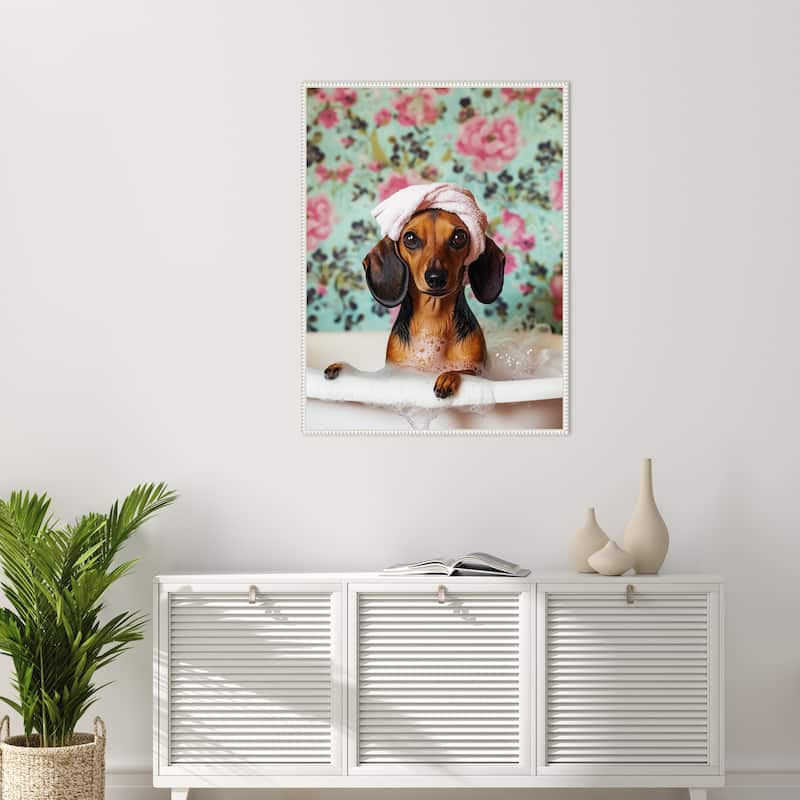 Bath Time Dachshund by Mowzu Framed Canvas Wall Art