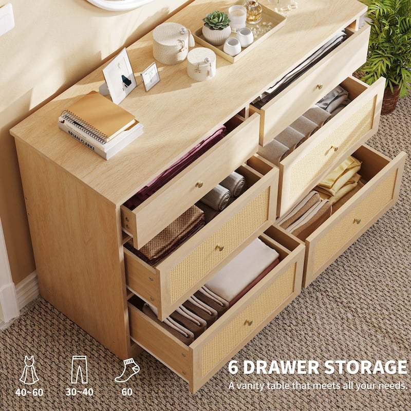Moasis 6-Drawer Rattan Storage Chest of Drawers Cabinet Dresser