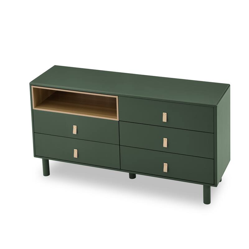 Modern 5 Drawer 55.12 in. Dresser Wood Storage Cabinet with Leather Handle, Open Shelf Drawer Cabinet