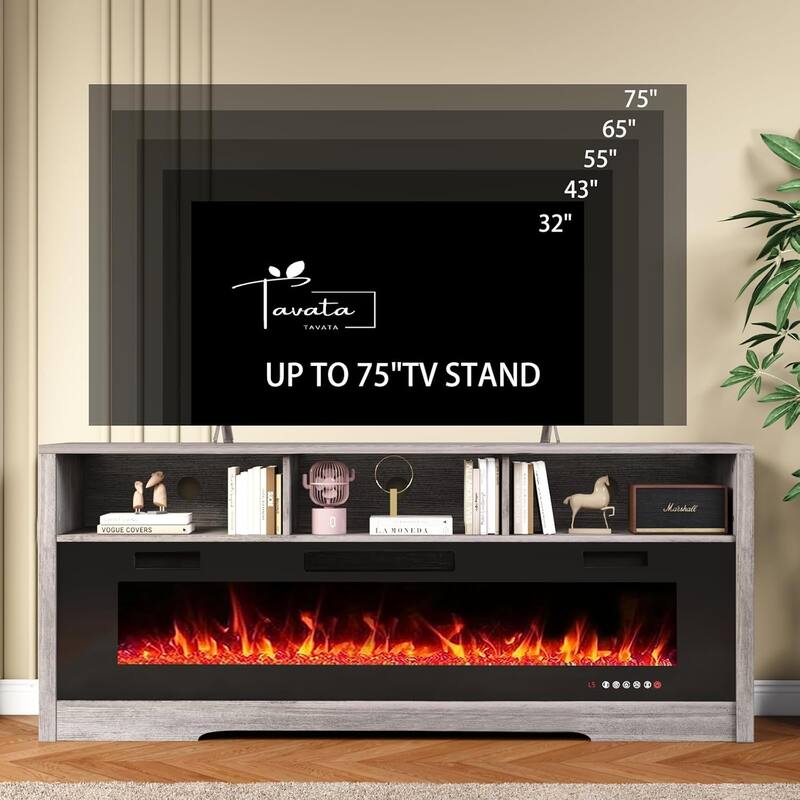 BOSSIN 65" Electric Fireplace TV Stand , Entertainment Center for TVs up to 75" with Open Shelves, Black