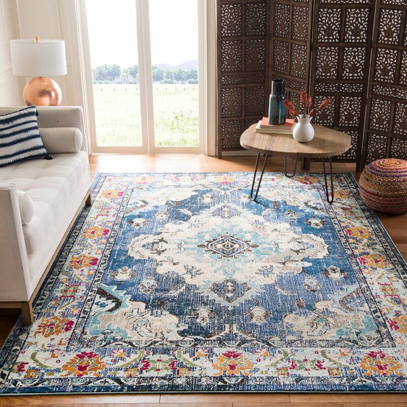 SAFAVIEH Monaco Oceane Boho Medallion Distressed Area Rug - 8' Square - Navy/Light Blue