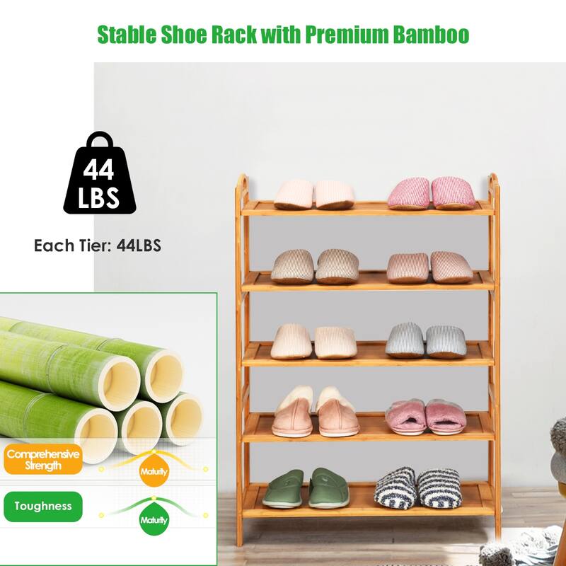 Natural 5-Tier Wicker Free-Standing Shoe Rack with Two Handle Perfect for 15 Pairs - 26.5” x 10.5” x 38” (L x W x H)