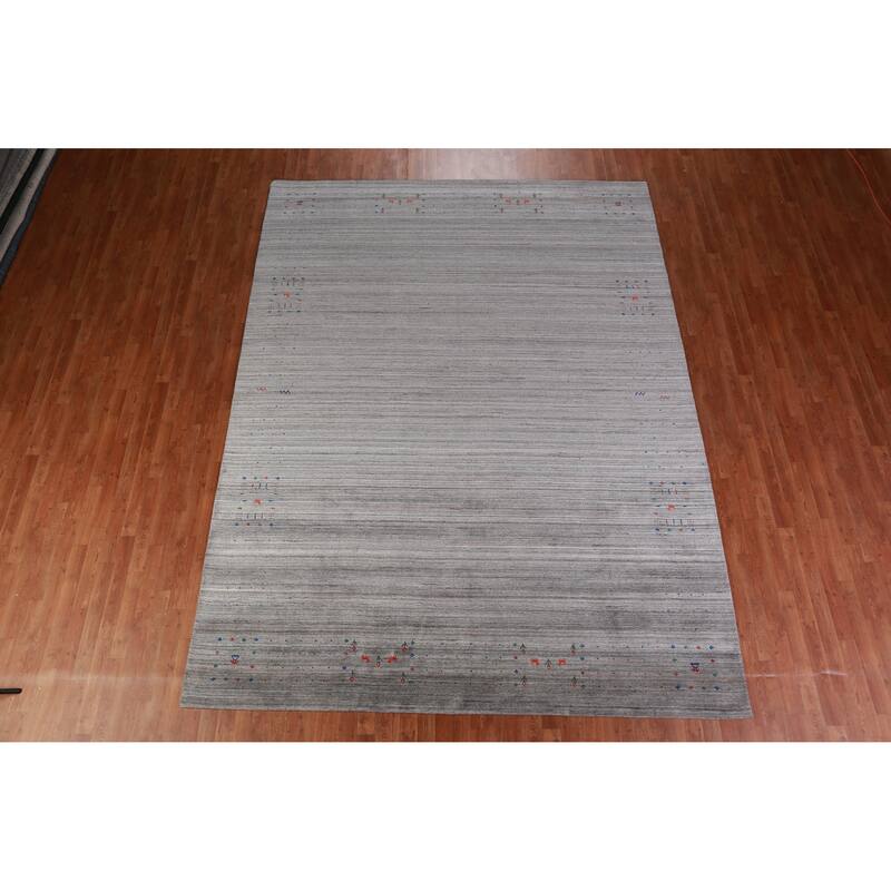 Hand Knotted Oriental 100% Wool Carpet Tribal Stripe Greys & Charcoal Gabbeh Area Rug - 12' 0'' X 9' 0''