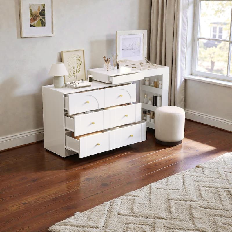 Vanity Desk with Flip-Top Mirror and LED Lights, Makeup Table with 7 Drawers, 9 Compartments, Shelves, 3-Color Modes