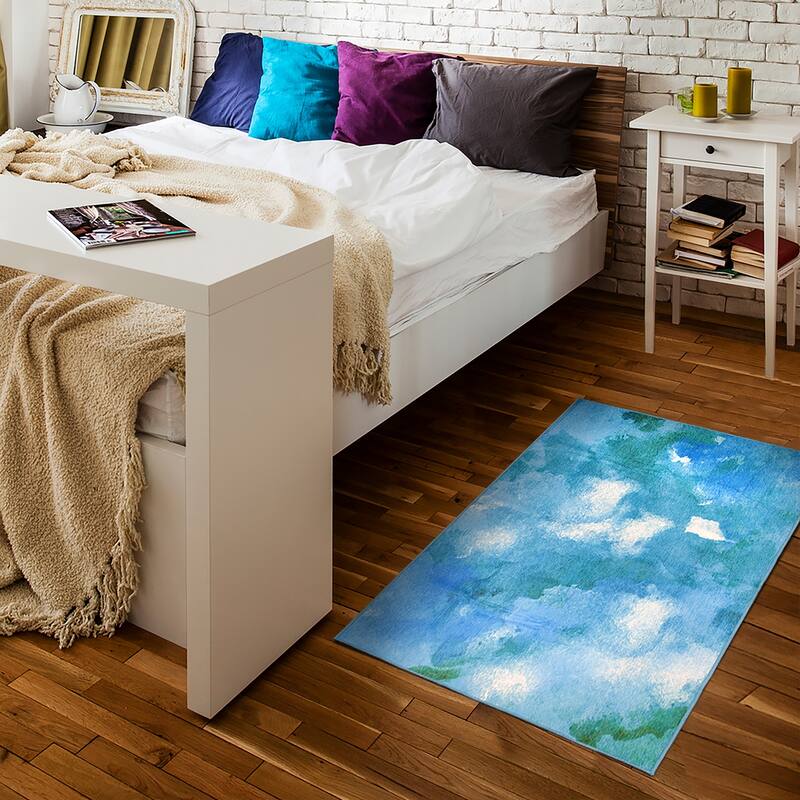 My Magic Carpet Machine Washable Rug Watercolor Aqua Blue
