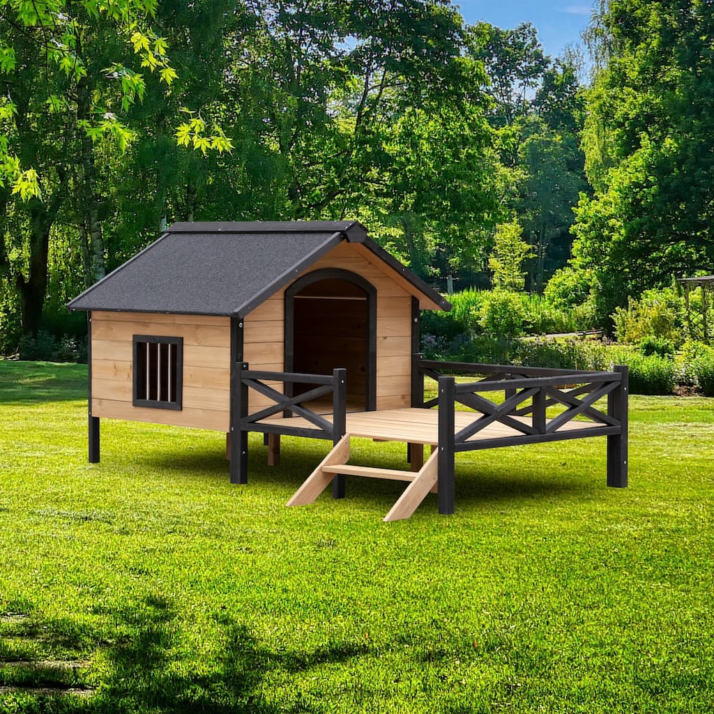Wooden Yellow Brown Outdoor Large Dog Kennel with Porch