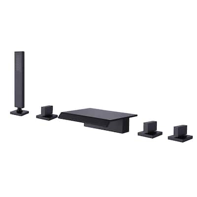 5 Hole Deck Mounted five-piece Waterfall Bathtub Faucet with Pull-out Handheld Shower Head and Ceramic Valve in Matte Black