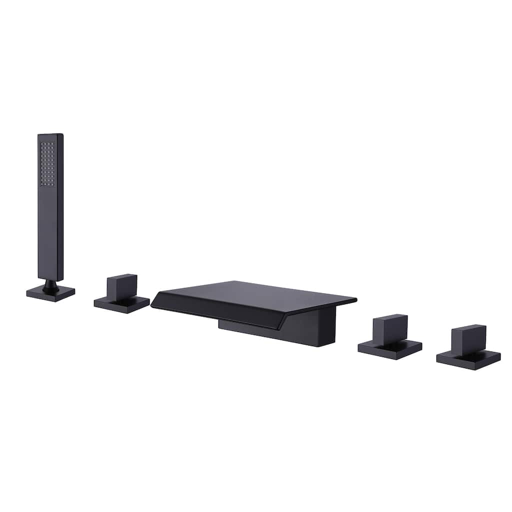 5 Hole Deck Mounted five-piece Waterfall Bathtub Faucet with Pull-out Handheld Shower Head and Ceramic Valve in Matte Black