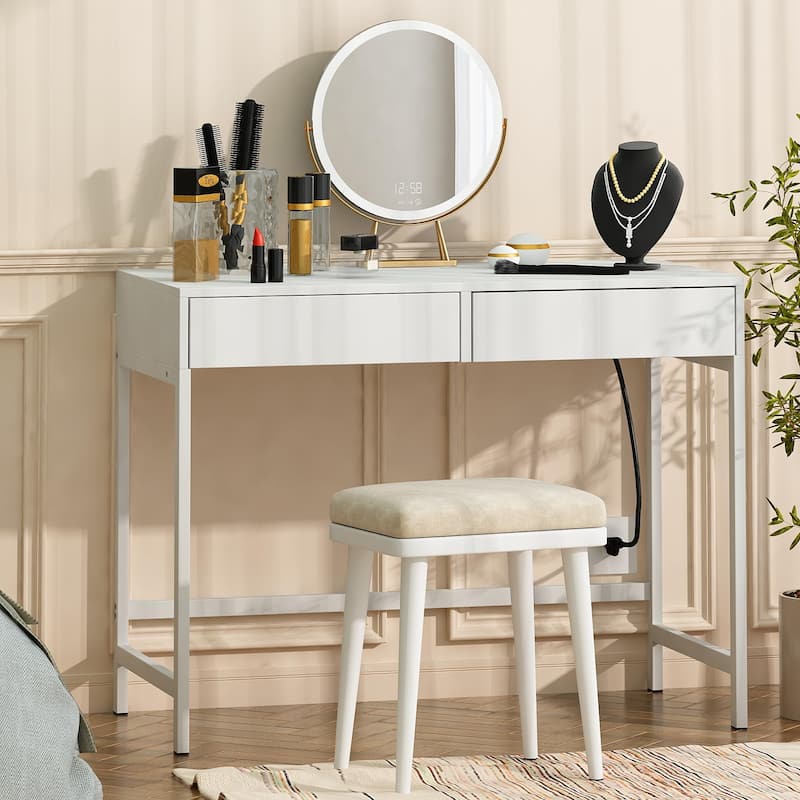 40" Charging Station Desk with 2 Outlets & 2 USB Ports - 2-Drawer Computer/Vanity Desk for Office or Bedroom