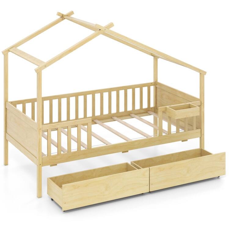 Twin House Bed with 2 Storage Drawers and Roof & Fence Rails - Natural