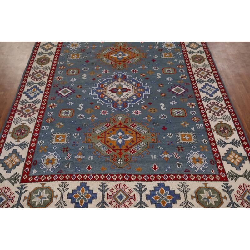 Geometric Blue Kazak Oriental Area Rug Hand-Knotted Wool Carpet - 7'11" x 9'9"
